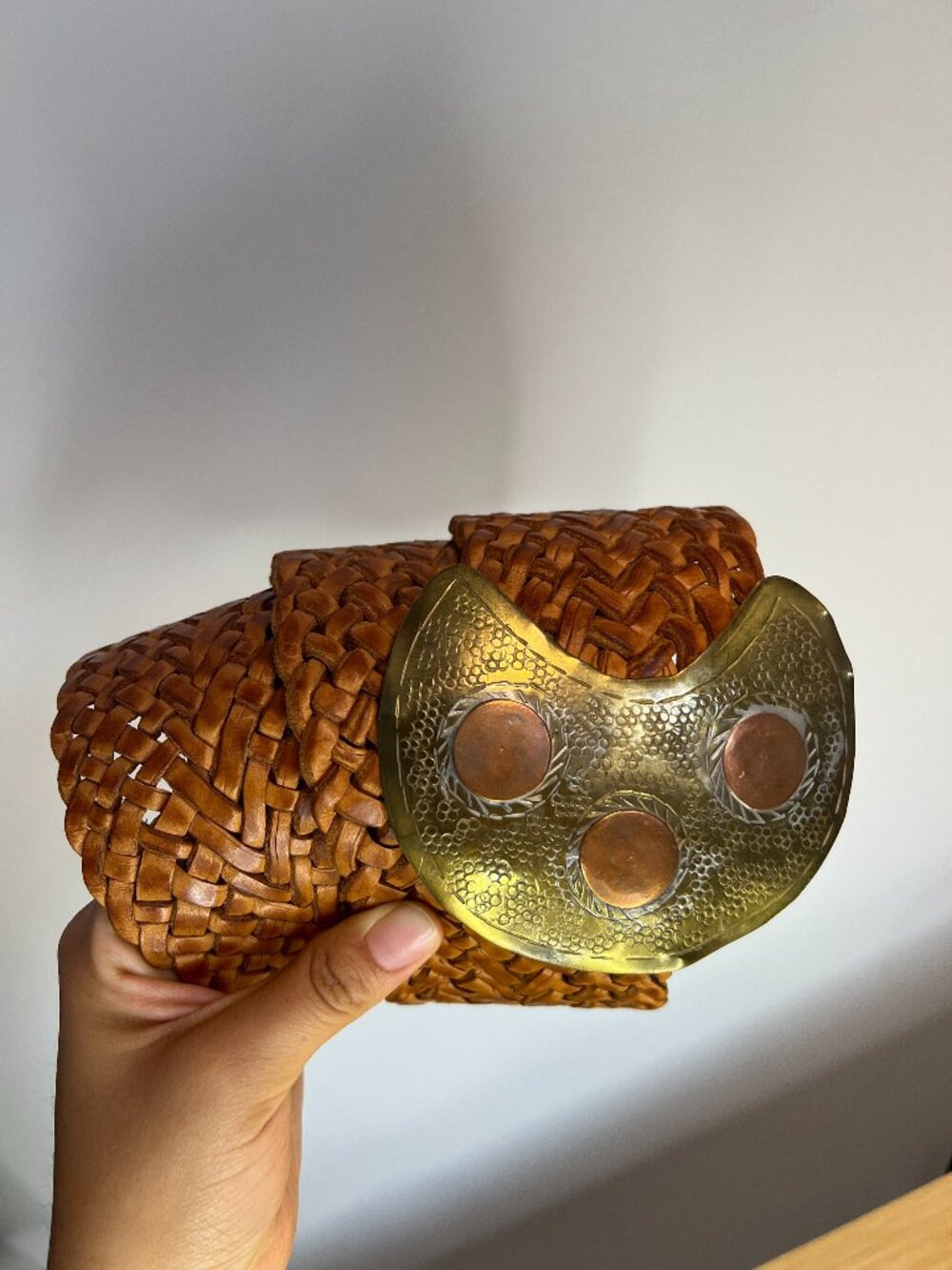 Chicos Moroccan Wide Leather Belt Conchos Big Moon Buckle Cognac Brass M-L